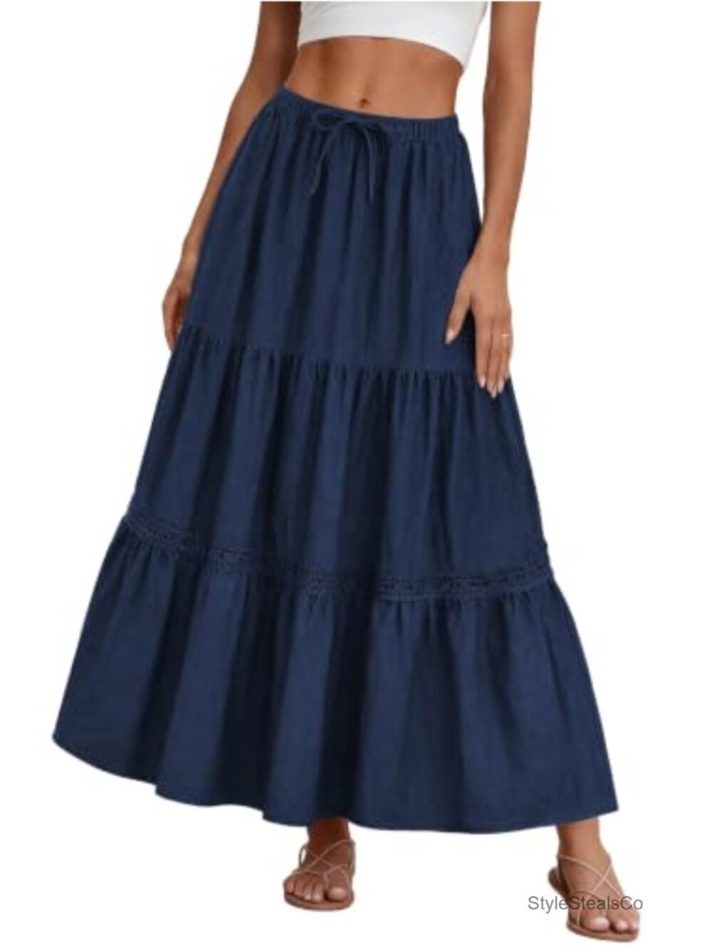 Boho Lace Trim Tiered A-Line Maxi Skirt with Pockets